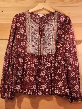 Lucky Brand Burgundy Floral Embroidered Peasant Tunic